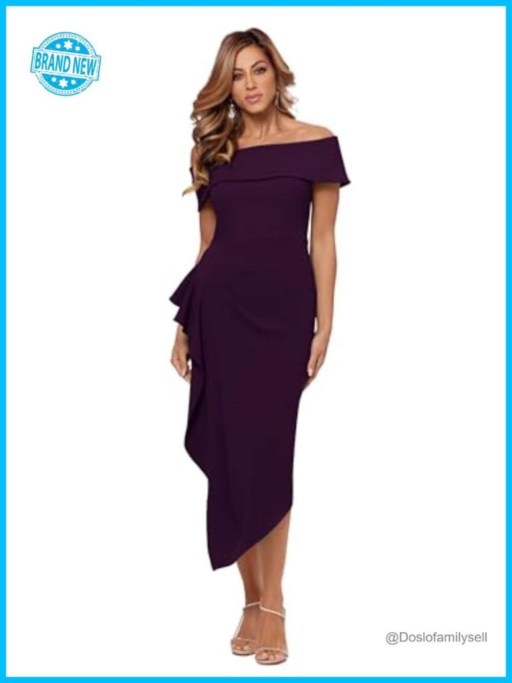 Betsy & Adam Off-Shoulder Midi Dress with Asymmetric Hem and Draped Detail